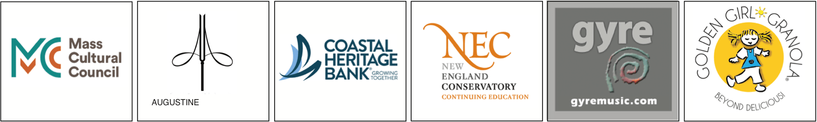 BCGS Sponsors include Massachusetts Cultural Council; Augustine Strings; Coastal Heritage Bank; New England Conservatory; Gyre Music; and Golden Girl Granola